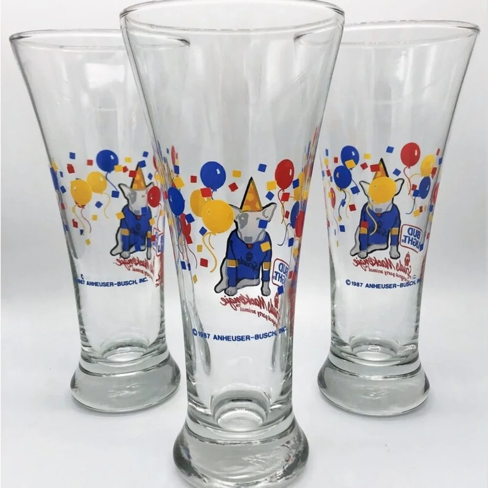 Spuds Mackenzie Bud Light The Original Party Animal 1987 Pilsner Glasses Set(3)